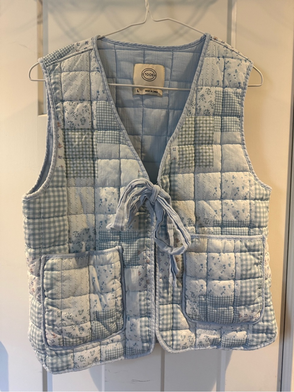 Light Blue Quilted Patchwork Tie-Front Vest